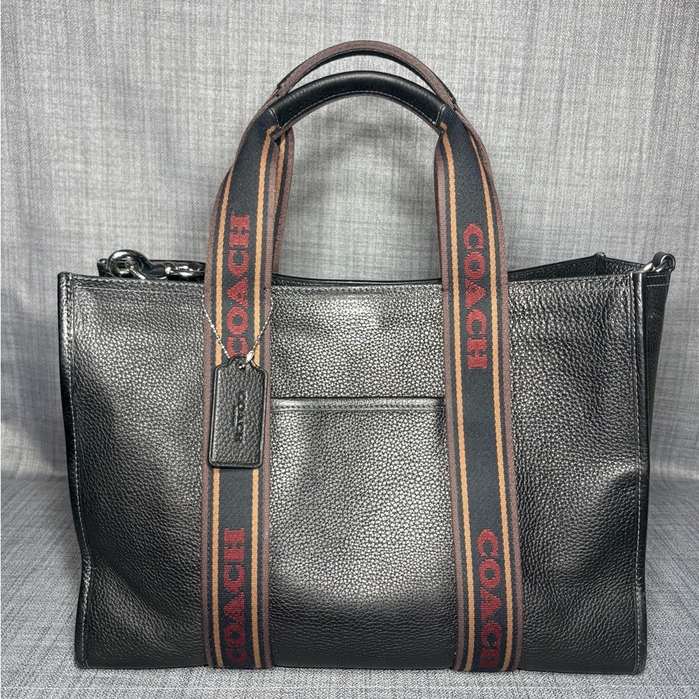 Coach Black Pebbled Leather Tote with Brown and Red Logo Webbing Straps